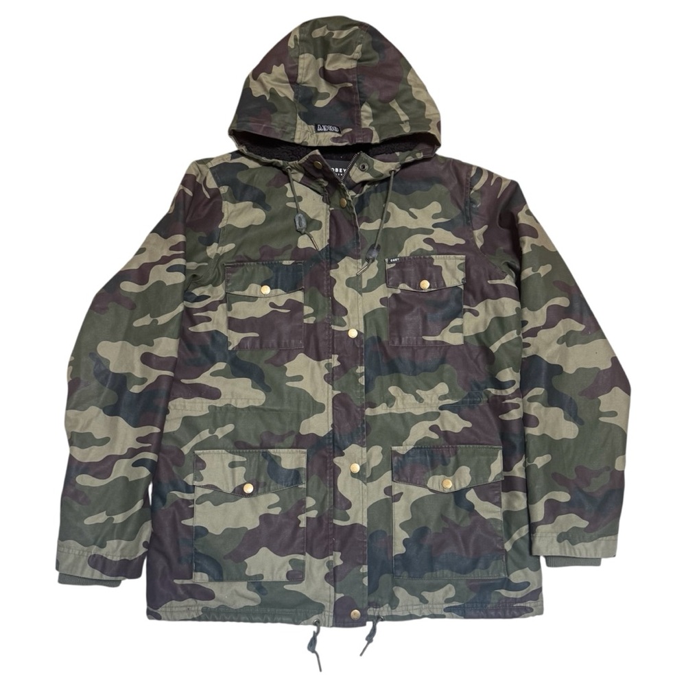 Obey Camo Hooded Sherpa-Lined Utility Jacket - Size L